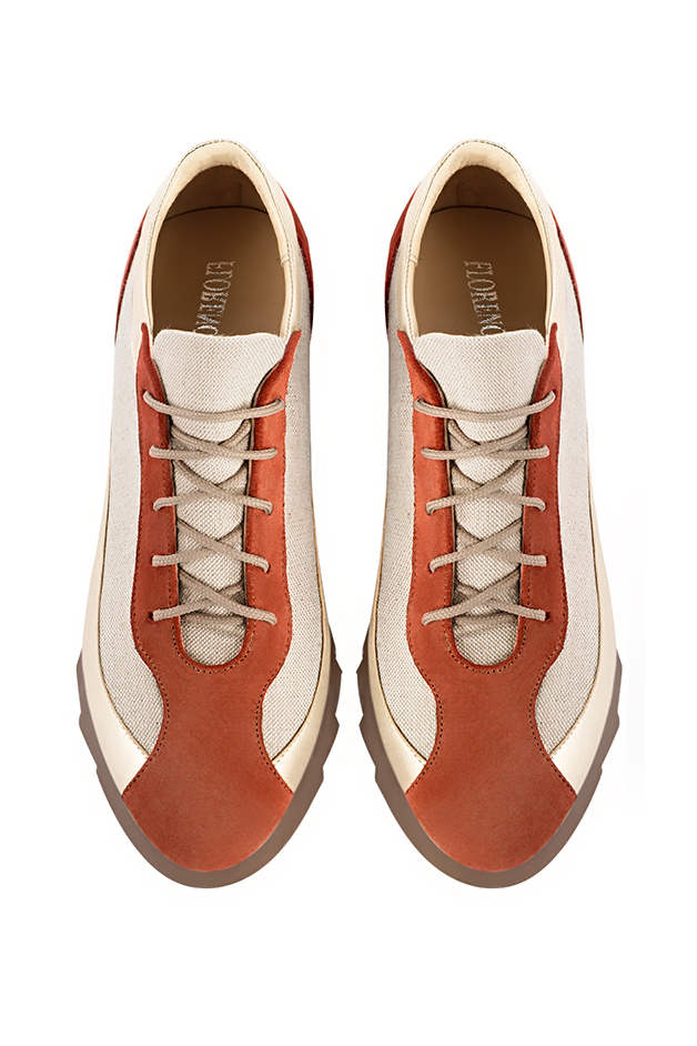 Terracotta orange and gold women's two-tone elegant sneakers. Round toe. Low rubber soles. Top view - Florence KOOIJMAN